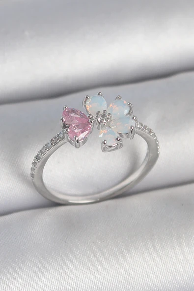Pirinç Gümüş Renk Beyaz Mineli Pembe Zirkon Taşlı Çiçek Model Kadın Yüzük - EBJ250501W33602 ürün görseli