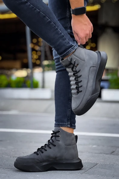 ET0321 Gizli Bağcıklı Erkek Yüksek Taban Füme Spor Bot - Resim 4