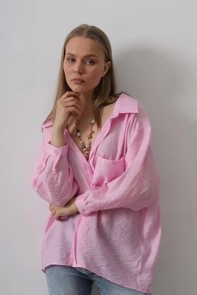 Cepli Oversize Gömlek - Pembe - Resim 3