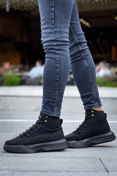 ET0321 Gizli Bağcıklı Erkek Yüksek Taban Siyah Spor Bot - Resim 4