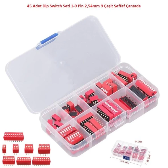 45 Adet Dip Switch Seti 1-9 Pin 2,54mm 9 Çeşit Şeffaf Çantada