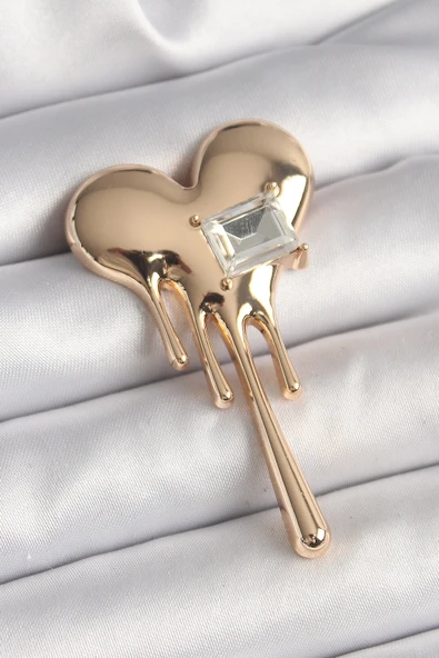 Pirinç Gold Renk Eriyen Kalp Model Kare Zirkon Taş Detay Kadın Broş - EBJ250327W31632