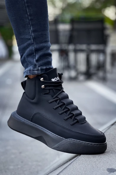 ET0321 Gizli Bağcıklı Erkek Yüksek Taban Siyah Spor Bot - Resim 5