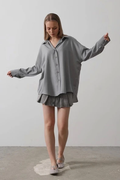 Geniş Manşet Detaylı Gömlek - Gri - Resim 2