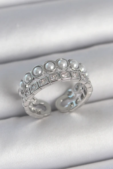 Pirinç Gümüş Renk 2'Li Sıra Zirkon Taşlı Ve İncili Ayarlanabilir Kadın Yüzük - EBJ250501W33614 ürün görseli