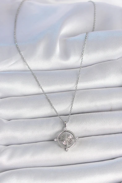 Gümüş Renk Zincir Zirkon Taşlı Pusula Model Kadın Kolye - EBJ250501W33576 - Resim 2
