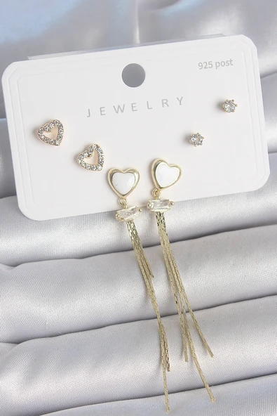 Pirinç Gold Renk Beyaz Mineli Sallantı Mineli Kalp Model Zirkon Taş Detaylı 925 Ayar Gümüş Çivi Kadın Küpe Seti - EBJ250501W33550 ürün görseli