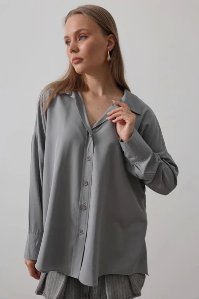 Geniş Manşet Detaylı Gömlek - Gri - Resim 4