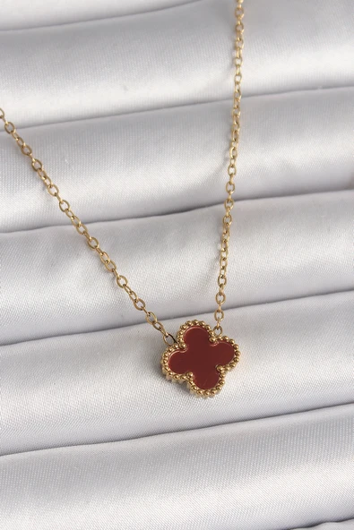 Gold Renk Bordo Yonca Model Kadın Kolye - EBJ250501W33480