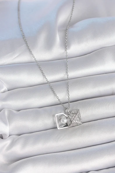 Gümüş Renk Zincir Zirkon Taşlı İncili Açılır Elmas Model Kadın Kolye - EBJ250501W33586 - Resim 2