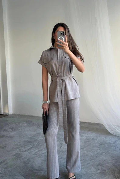 ÇİZGİLİ POLYVİSKON BLUZ - PANTOLON TAKIM - Gri