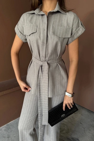 ÇİZGİLİ POLYVİSKON BLUZ - PANTOLON TAKIM - Gri - 2