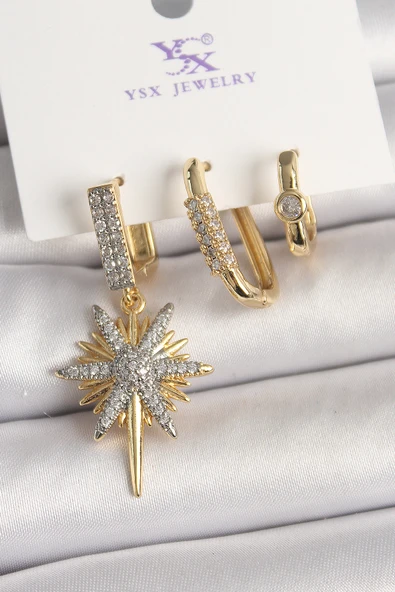 Pirinç Gold Renk Sallantı Zirkon Taşlı Kutup Yıldız Model 3'Lü Kadın Kombin Küpe - EBJ250501W33525 ürün görseli