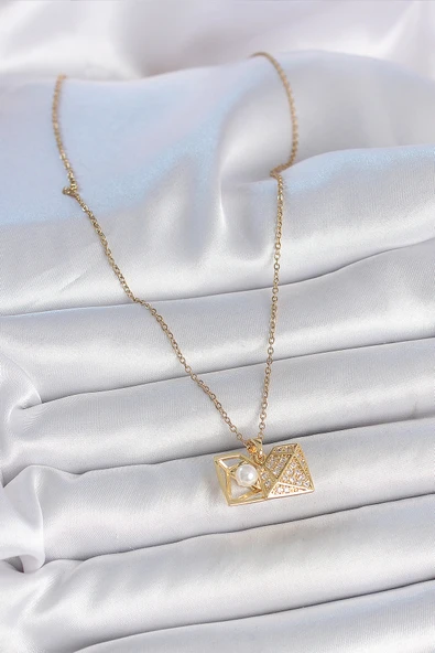 Gold Renk Zincir Zirkon Taşlı Açılır İncili Elmas Model Kadın Kolye - EBJ250501W33587 - Resim 2