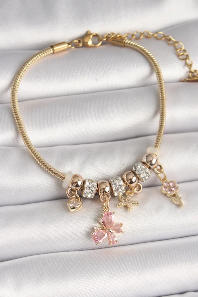 Pirinç Gold Renk Sallantı Pembe Zirkon Taşlı Kelebek Figür Çiçek Detay Charm Kadın Bileklik - EBJ250501W33506 ürün görseli