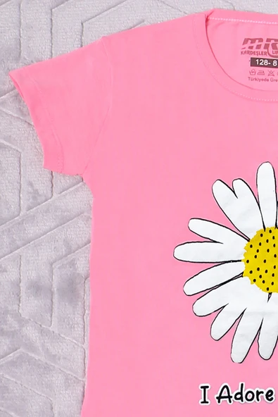 KIZ ÇOCUK TSHİRT PAPATYA BASKILI BİSİKLET YAKA D26 - Resim 2