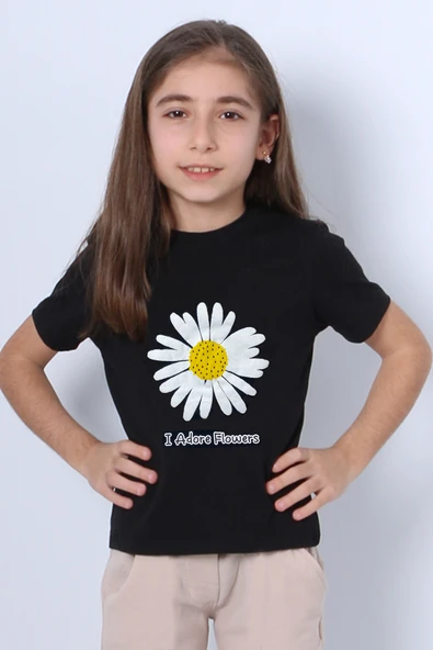 KIZ ÇOCUK TSHİRT PAPATYA BASKILI BİSİKLET YAKA D26 - Resim 5