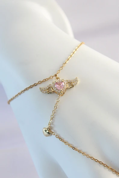 Gold Renk Pembe Zirkon Taşlı Kanatlı Kalp Model Şahmeran - EBJ250118W30632 - 2