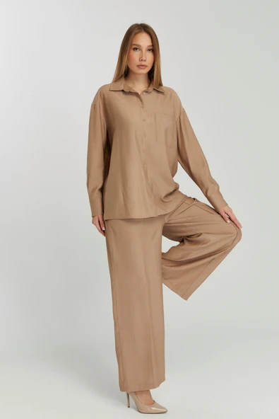 Kadın Camel Bol Paça Dokuma Pantolon