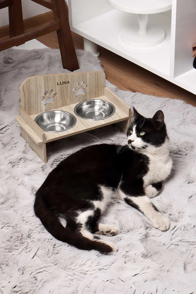 Ahşap Özel İsim Baskılı, Kare Kedi Köpek Mama Su Kabı Standı, Metal Suluk, Kedi Köpek Halısı - 2