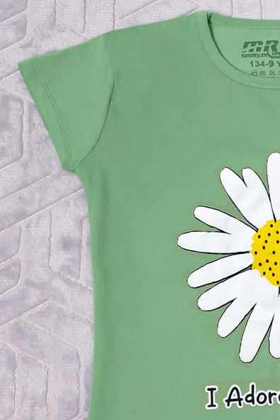 KIZ ÇOCUK TSHİRT PAPATYA BASKILI BİSİKLET YAKA D26 - Resim 9