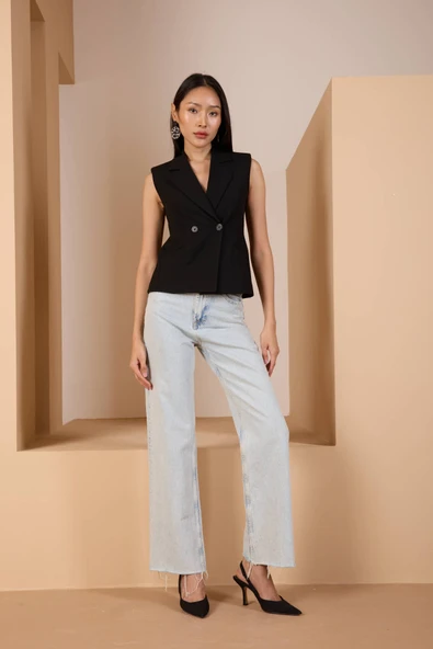 Siyah Regular Fit Astarlı Dokuma Yelek
