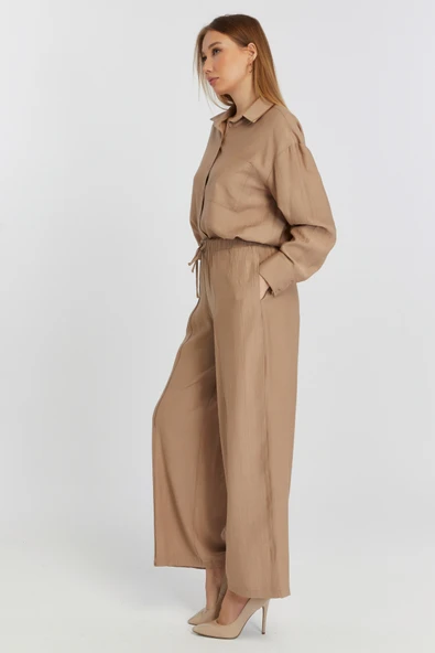 Kadın Camel Bol Paça Dokuma Pantolon - 8