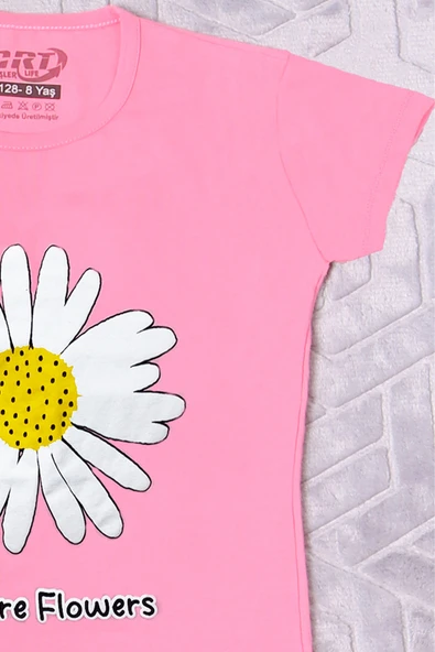 KIZ ÇOCUK TSHİRT PAPATYA BASKILI BİSİKLET YAKA D26 - Resim 3