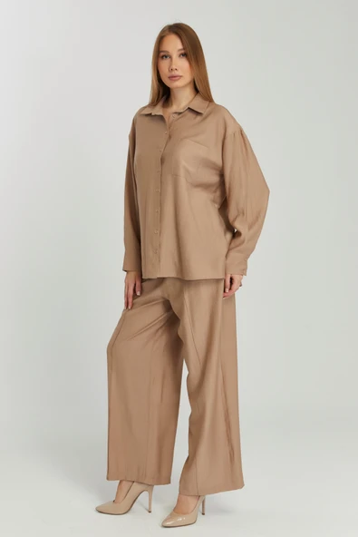 Kadın Camel Bol Paça Dokuma Pantolon - 7