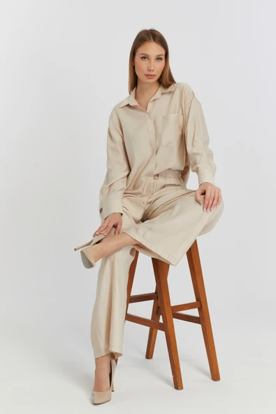 Kadın Bej Casual Oversize/Geniş Kalıp Gömlek
