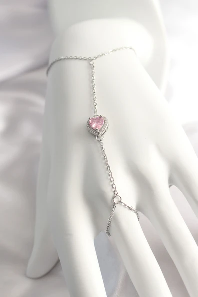 Gümüş Renk Pembe Zirkon Taşlı Kalp Şahmeran - EBJ250118W30614