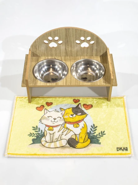 Ahşap Özel İsim Baskılı, Oval Kedi Köpek Mama Su Kabı Standı, Metal Suluk, Kedi Köpek Halısı - 2
