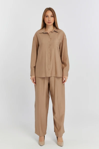 Kadın Camel Bol Paça Dokuma Pantolon - 5