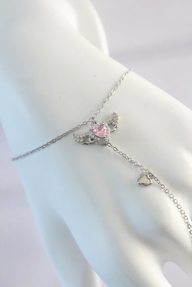 Gümüş Renk Pembe Zirkon Taşlı Kanatlı Kalp Model Şahmeran - EBJ250118W30631 - 2