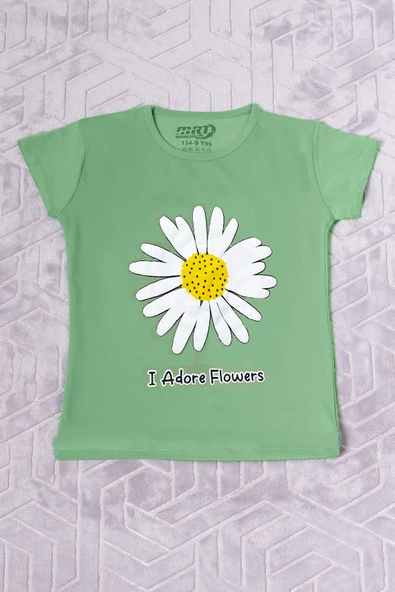 KIZ ÇOCUK TSHİRT PAPATYA BASKILI BİSİKLET YAKA D26 - Resim 8