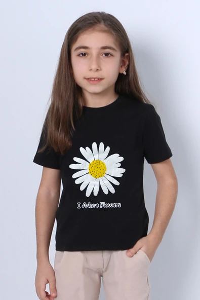 KIZ ÇOCUK TSHİRT PAPATYA BASKILI BİSİKLET YAKA D26 - Resim 6