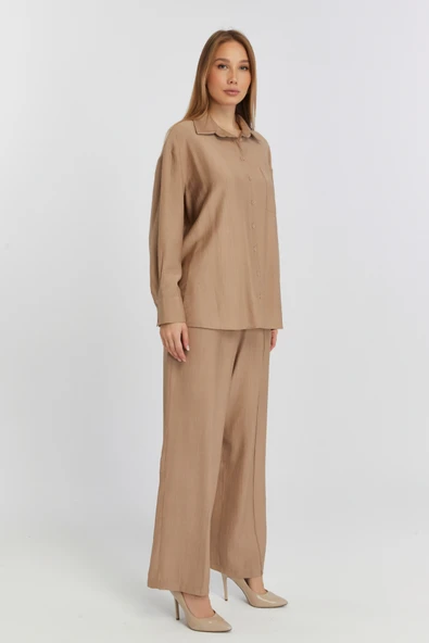 Kadın Camel Bol Paça Dokuma Pantolon - 6