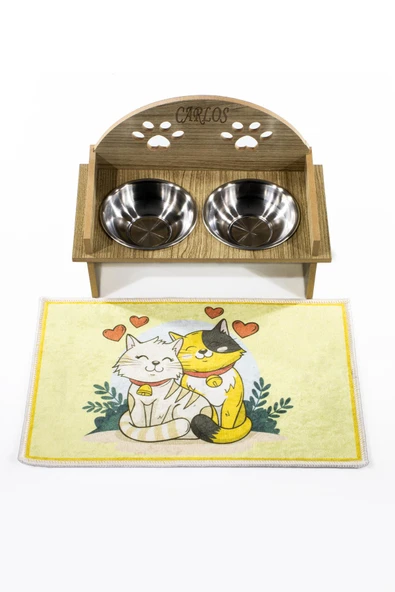 Ahşap Özel İsim Baskılı, Oval Kedi Köpek Mama Su Kabı Standı, Metal Suluk, Kedi Köpek Halısı