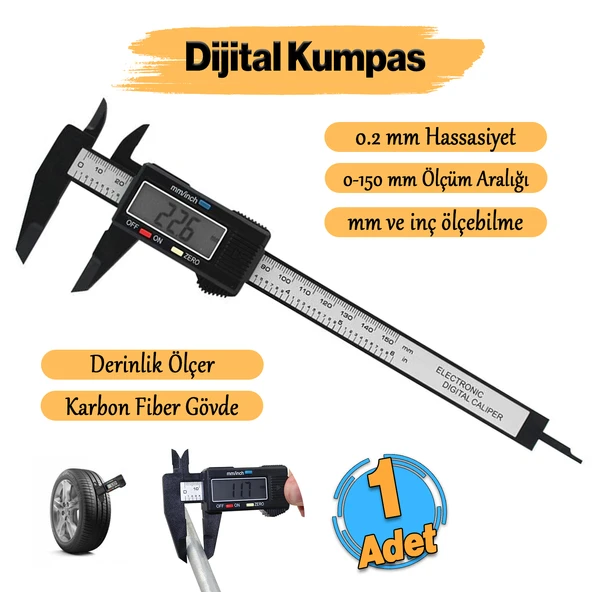 Dijital Kumpas Metal Çene 150 mm LCD Ekran Lastik Derinlik Çap Ölçme 0.2 mm Hassasiyet İnç Ölçüm