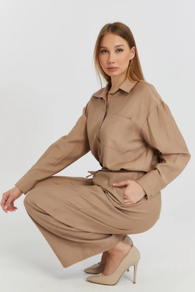 Kadın Camel Bol Paça Dokuma Pantolon - 4