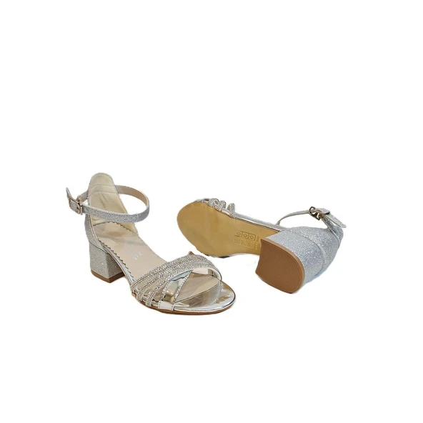 Fiyra 9052 Gümüş Simli Çapraz Üçbant Kız Çocuk Abiye Topuklu - 9