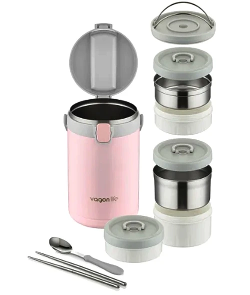 Lunchbox 3 Katlı 4-6 Saat Sıcak/soğuk Termos Çelik Sefer Tası Beslenme Kabı 2100ml Pembe