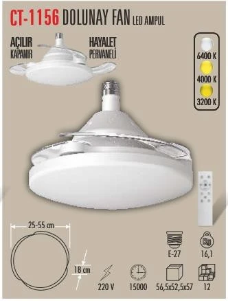 Cata CT-1156 Dolunay 3 Renk Modlu Kumandalı Dimlenebilir Hayalet Pervaneli 72W Ampul ürün görseli