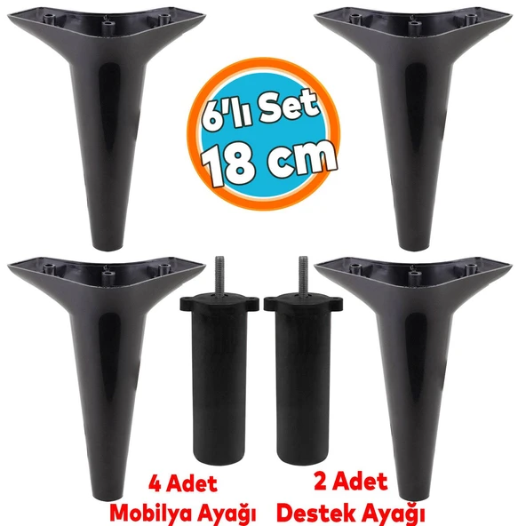 Mobilya Tv Ünitesi Koltuk Kanepe Konsol Destek Ayağı Ayakları 18 Cm Siyah M8 6'lı Set ürün görseli