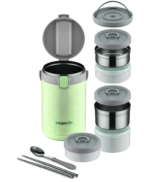 Lunchbox 3 Katlı 4-6 Saat Sıcak/soğuk Termos Çelik Sefer Tası Beslenme Kabı 2100ml Yeşil