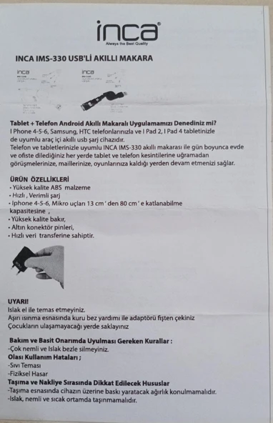İNCA IMS-330 Makaralı USB ALL IN ONE şarj kablosu I-Phone4 / I-Phone 5 / Samsung / HTC - 6