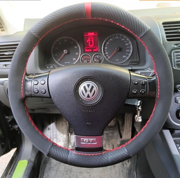 DİKİŞLİ DİREKSİYON KILIFI KARBON NUBUK KIRMIZI YÜZÜK / DİKİŞLİ VOLKSWAGEN GOLF 2006 KASA ürün görseli