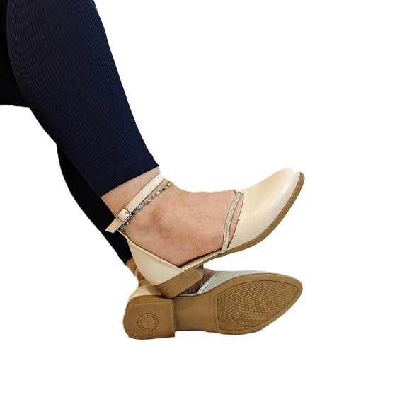 Fiyra 4050 Bej Taşlı Bilek Bağlı Karnıyarık Bayan Babet Sandalet - 3