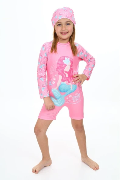 Kız Çocuk Yüzücü Şortlu ve Boneli Mayo Takımı 3-10 Yaş 12222 - 6