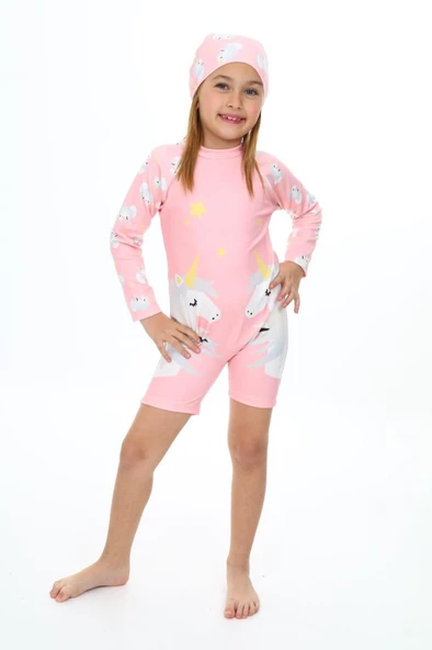 Kız Çocuk Yüzücü Şortlu ve Boneli Mayo Takımı 3-10 Yaş 12222 - 8